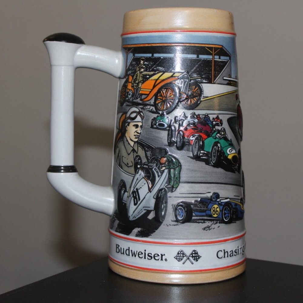 Vintage Budweiser Auto Racing Series Stein Beer Mug Chasing the Checkered flag